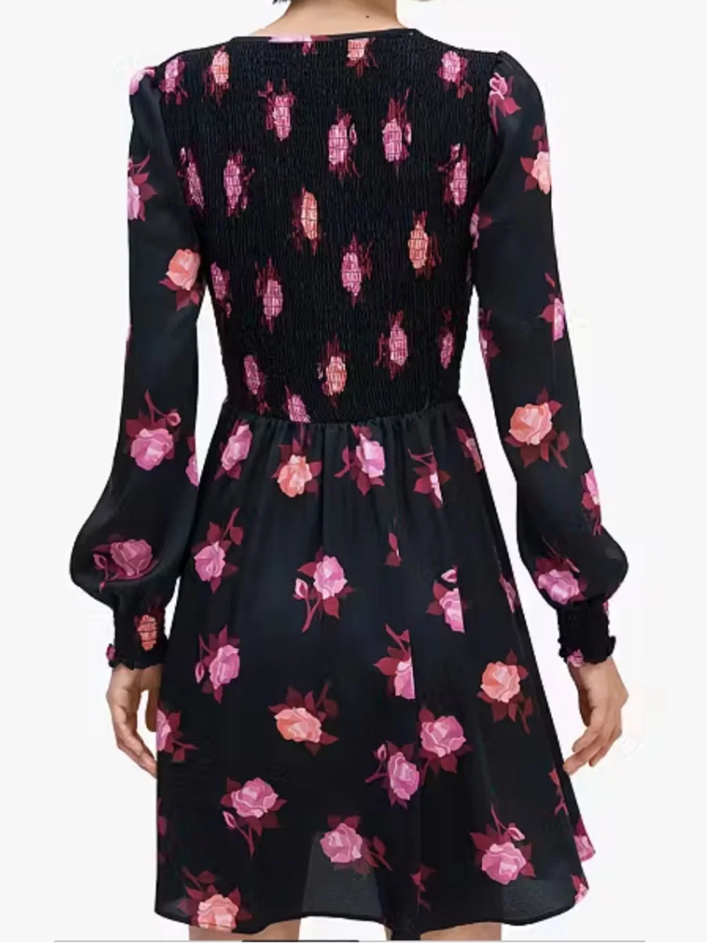 Kate Spade NY Rose Garden Smocked Satin dress black pink